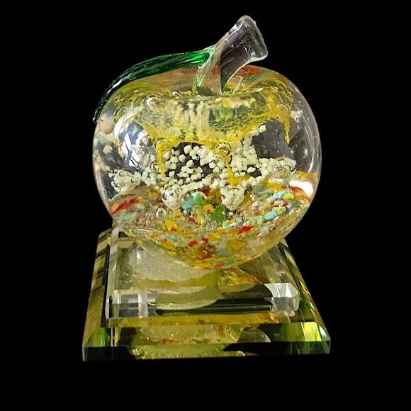 Handblown Apple Paperweight Art Glass Pedestal Multi Colored Bubbles TINY FLAW. - Picture 10 of 16